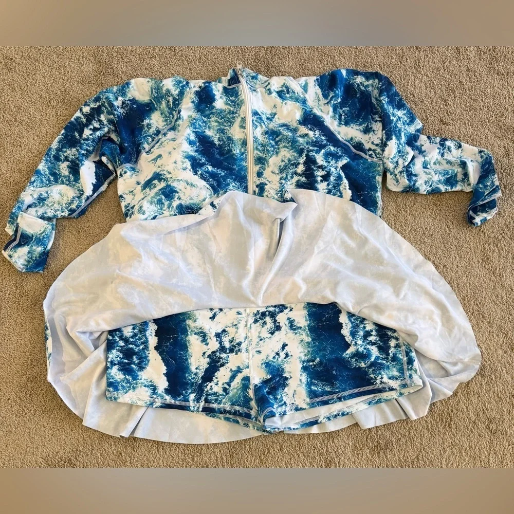 Rash Guard One Piece Swimsuit Blue Ocean Print Long Sleeve Modest Swim Dress XL